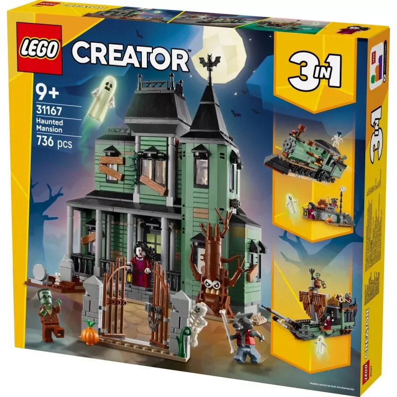 Stavebná hračka LEGO Creator 3-in-1 Strašidelný dom model 31167 – 736 dielov, 3 modely, 5 minifigúrok