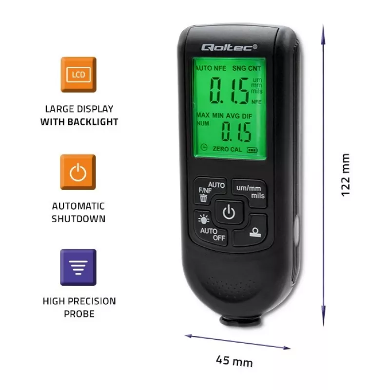 Qoltec merač hrúbky laku s LCD displejom | 0~2000 µm