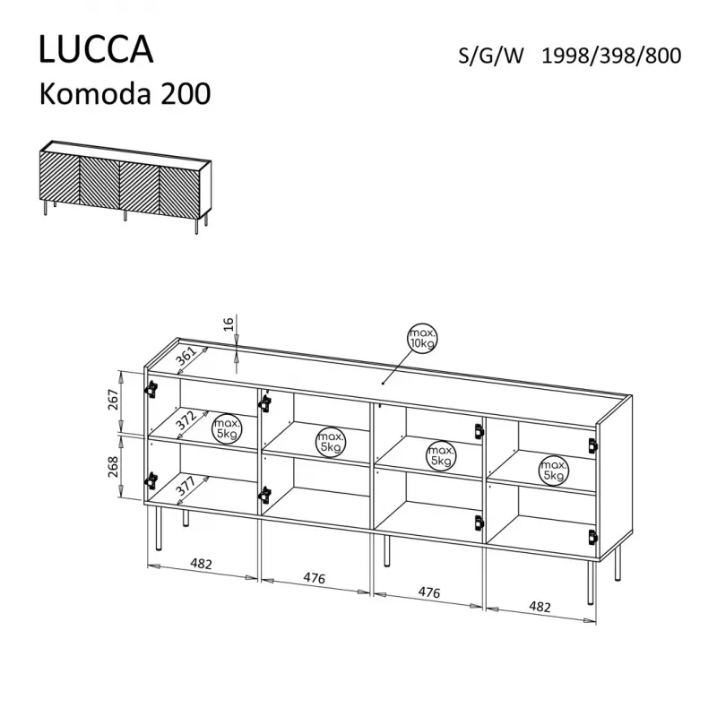Komoda cama meble LUCCA 4D, 200×40×80 cm, čierna, korpus z drevotriesky