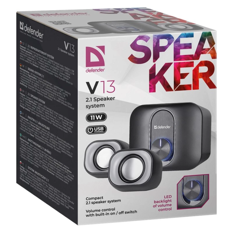 Desktop 2.1 reproduktory DEFENDER V13 — 11 W RMS (6 W satelity, 5 W subwoofer), napájanie USB, vstup 3,5 mm, čierne