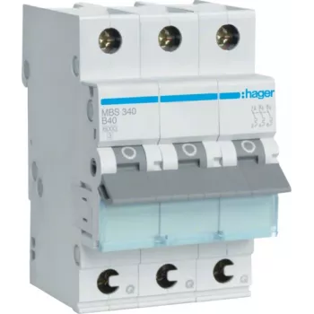 Hager MBS340. Menovitý prúd: 40 A. Typ: B-charakteristika, počet modulov (max.): 3 moduly. Šírka: 52,5 mm, hĺbka: 70 mm, výška: 83,4 mm (MBS340)