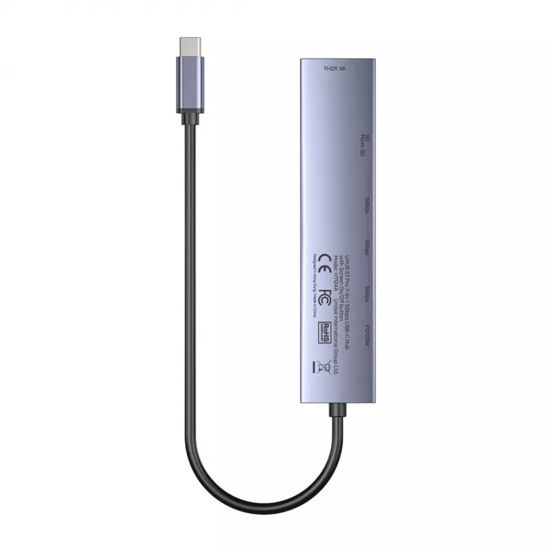 USB-C hub Unitek H1124AGY01 s 100W PD, HDMI 2.0, 2x USB‑A, 2x USB‑C, SD/microSD čítačka kariet — hliník