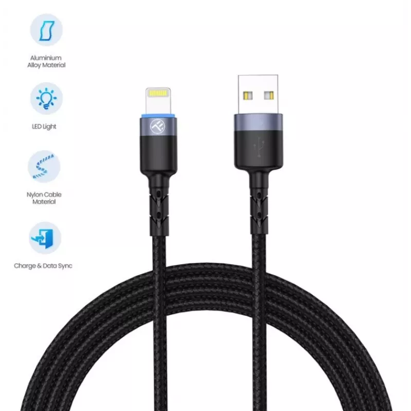 USB na Lightning dátový kábel Tellur 1,2 m nylonový pletený čierny