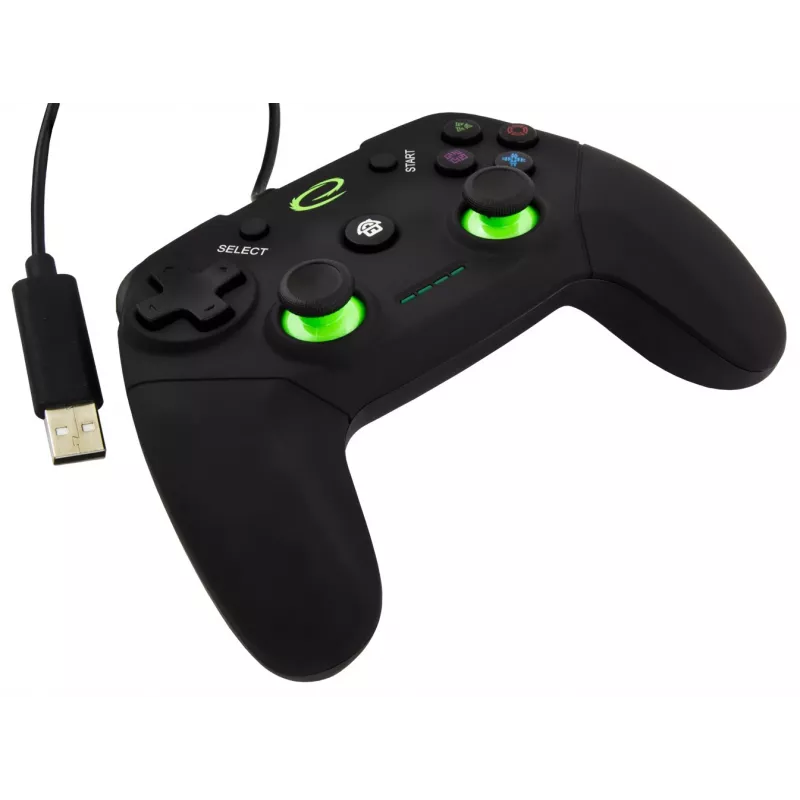 Esperanza EGG110K Vanquisher drôtový USB gamepad pre PC/PS3, s vibráciami, 12 tlačidiel, 2 analógové páčky, čierno-zelený