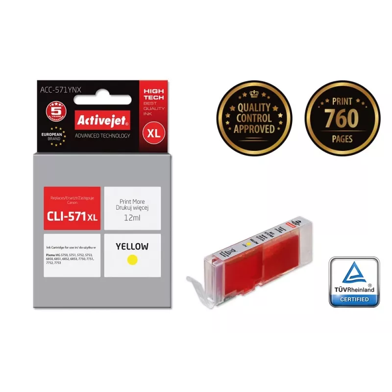 Activejet ACC-571YNX atrament (náhrada za Canon CLI-571XLY; Supreme; 12 ml; žltý)