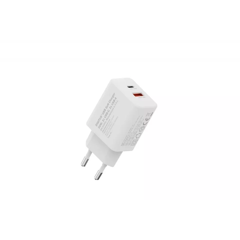 AC Indoor USB GaN nabíjačka DIGITUS DA-10301 — 30W, 1× USB-C, 1× USB-A, 100–240V, biela