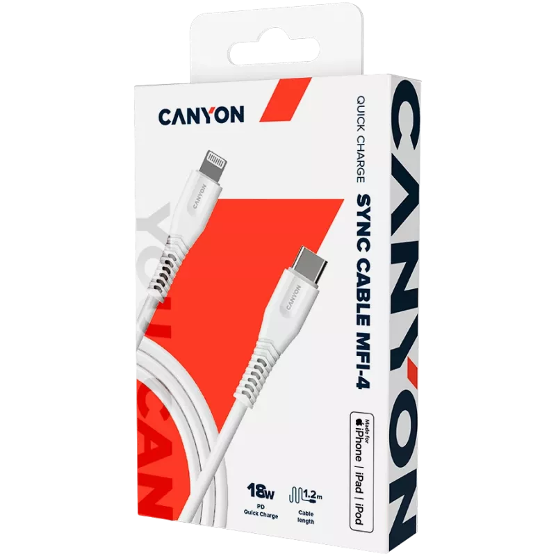 CANYON kábel MFI-4 Type-C na Lightning 1,2m biely