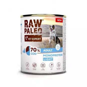Mokré krmivo pre psov VETEXPERT Raw Paleo Cod Light Adult 800 g — konzerva, rybia príchuť, 11,3 % bielkovín, 1,7 % tuku