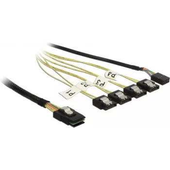 Interný Mini-SAS-na-4×SATA kábel DELOCK 1 m — Mini-SAS SFF-8087 na 4×SATA 7-pin, čierna/strieborná/žltá
