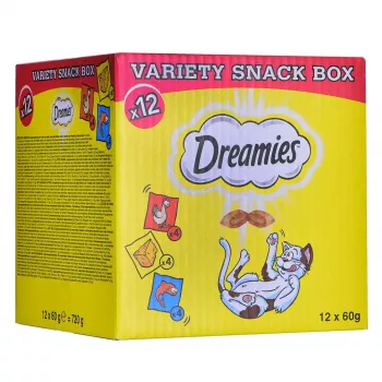 Maškrty pre mačky Dreamies Cheese, Chicken, Salmon sortiment 12×60 g — mäsové pevné pochúťky, proteín 31 %, tuk 21 %