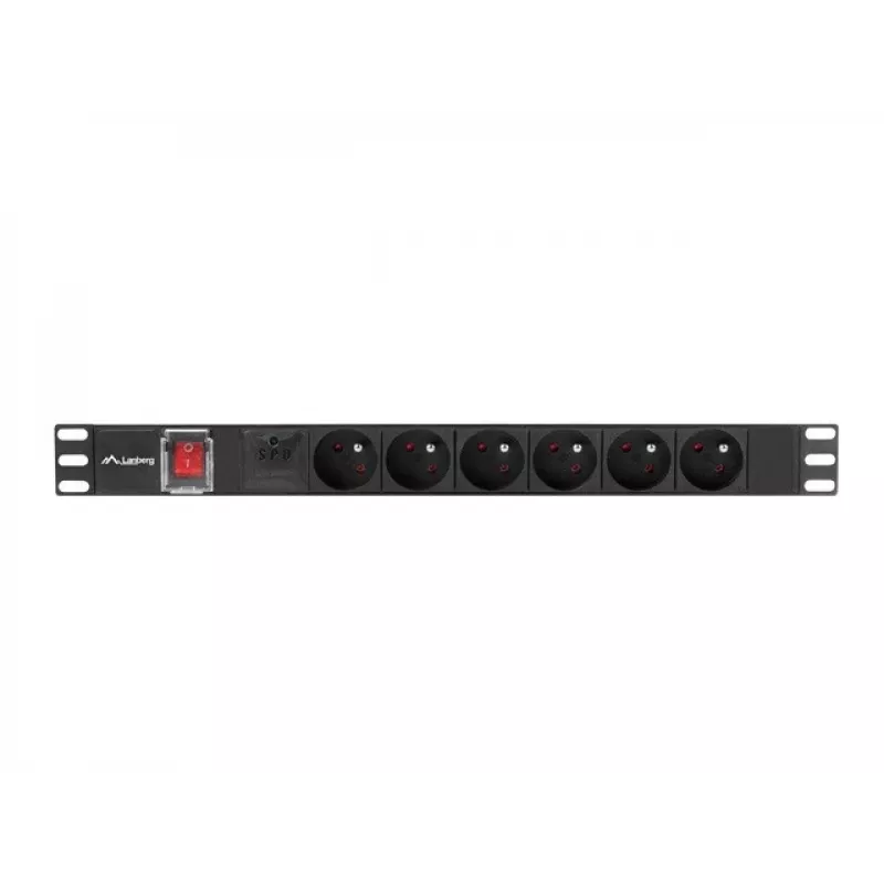 Rozvodná jednotka LANBERG PDU-06E-0200-BK — 6x výstupy typu E, 16 A, kábel 2 m, 1U rack, 220–250 V