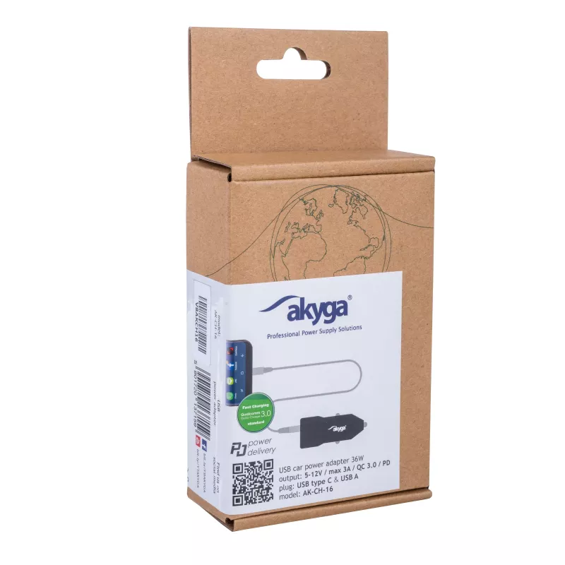 Auto nabíjačka 12/24V Akyga AK-CH-16 36W USB-A + USB-C PD Quick Charge 3.0 5-12V / 1,5-3A čierna