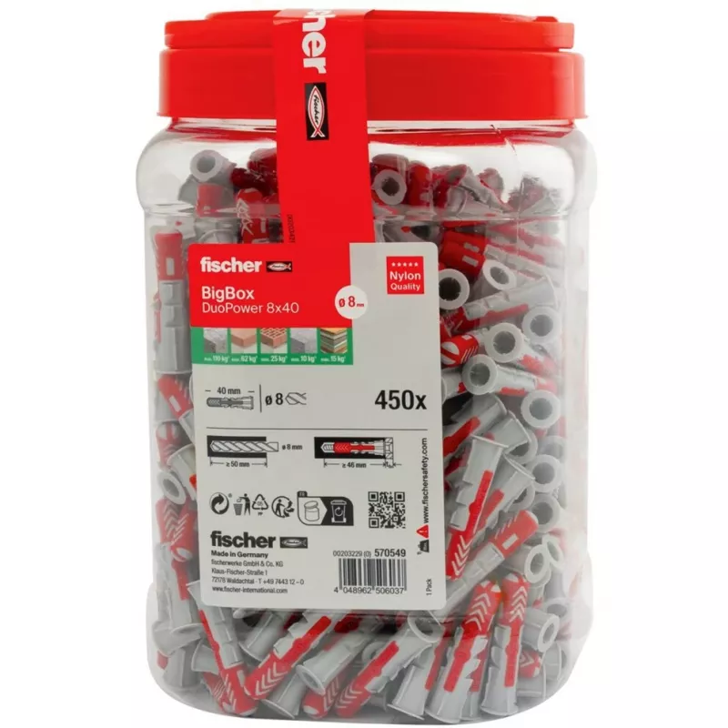 fischer hmoždinka DUOPOWER 8x40 BigBox svetlosivá/červená 450 ks opakovane uzatvárateľná (570549)