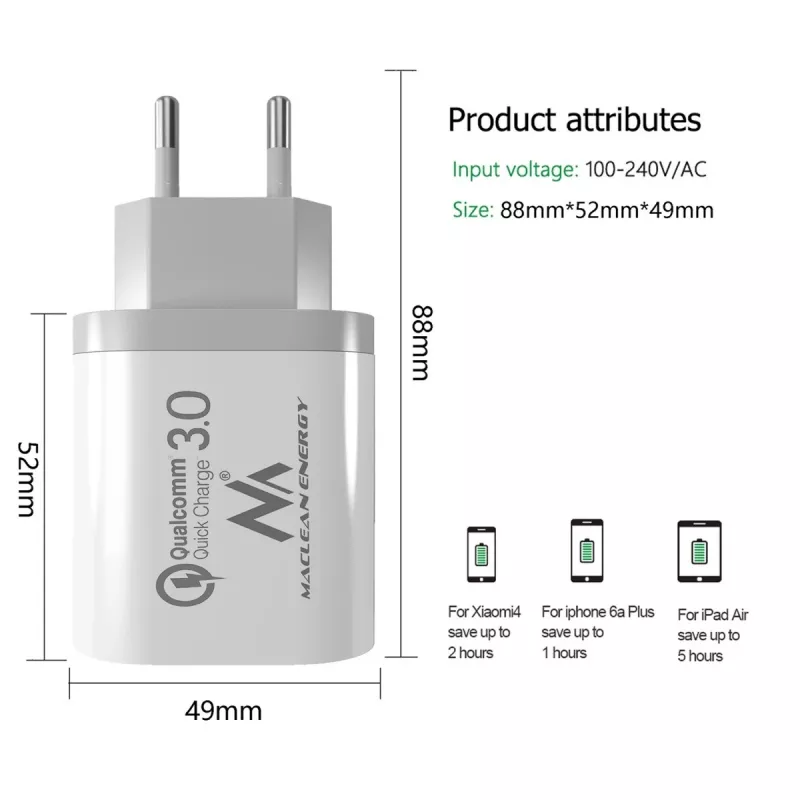 Nástenná nabíjačka MACLEAN MCE479W — 3-portová USB rýchlonabíjačka, 18W celkový výkon