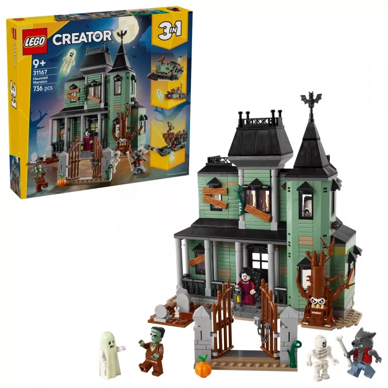 Stavebná hračka LEGO Creator 3-in-1 Strašidelný dom model 31167 – 736 dielov, 3 modely, 5 minifigúrok