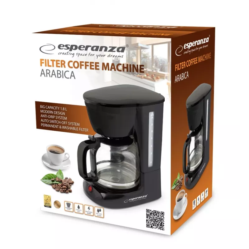 Filtračný kávovar ESPERANZA EKC005 — 1,8 l nádrž na vodu, čierny, 950 W