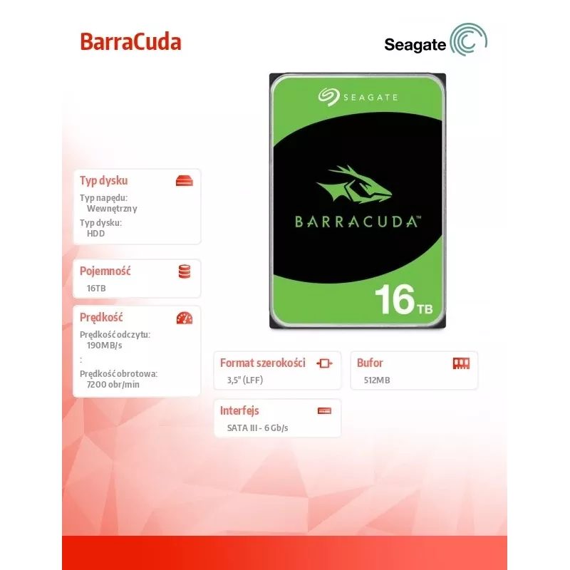 Seagate Barracuda 16TB interný pevný disk 7200 RPM 512 MB 3.5 palca Serial ATA