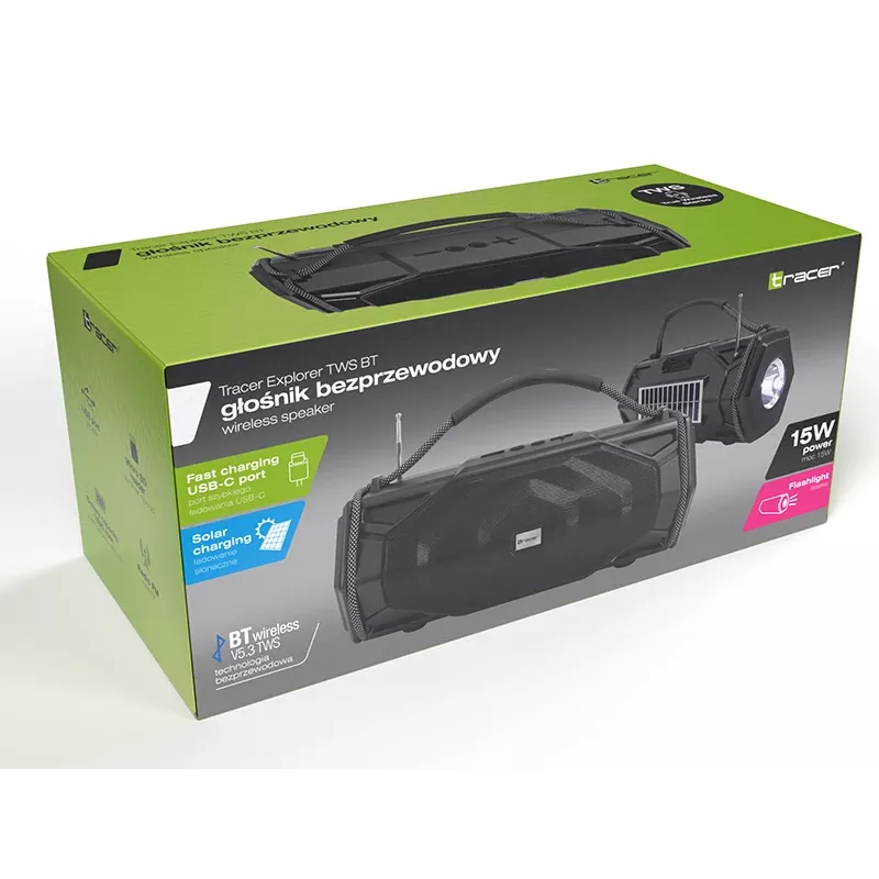 Tracer Explorer TRAGLO47616 prenosný Bluetooth reproduktor, TWS, Bluetooth 5.3, 15 W RMS, rádio FM, baterka, solárny panel, powerbanka 1800 mAh, microSD, čierny