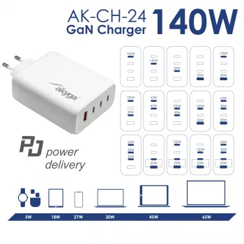 Akyga AK-CH-24 GaN USB nabíjačka 140 W, 3 x USB-C PD + USB-A, biela