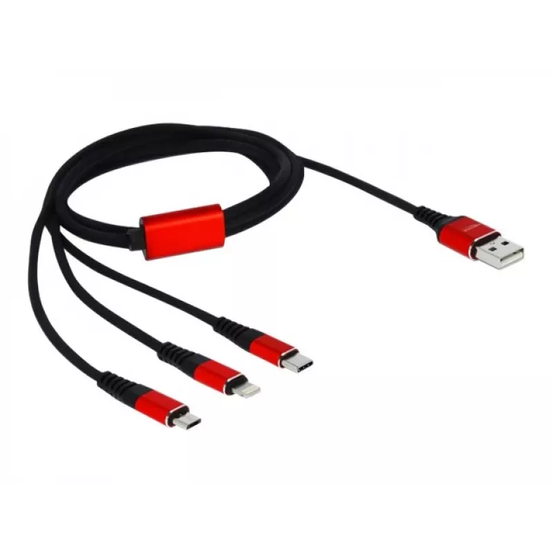 DeLOCK - kábel len na nabíjanie - Lightning / USB - USB (M) na Micro-USB Type-B, Lightning, USB-C (M) - 1,0 m - tienený - čierny (85892)