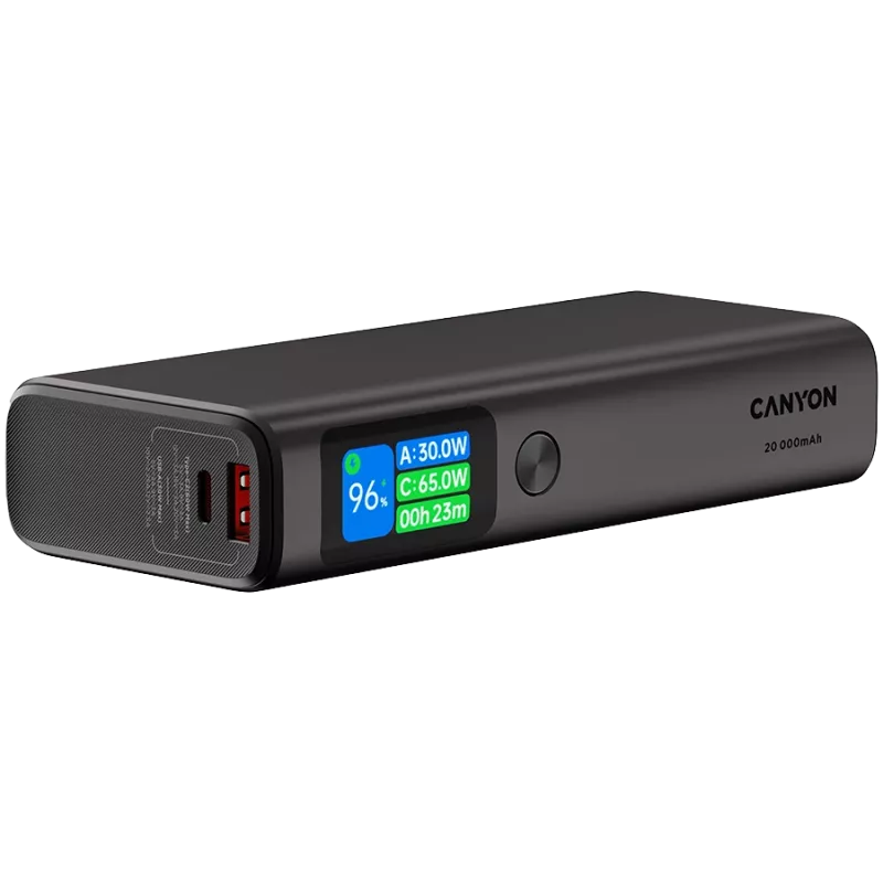 Canyon OnPower 230 TFT powerbanka, 20000 mAh, PD 130 W, 2x USB-C + USB-A, kovové puzdro, tmavosivá