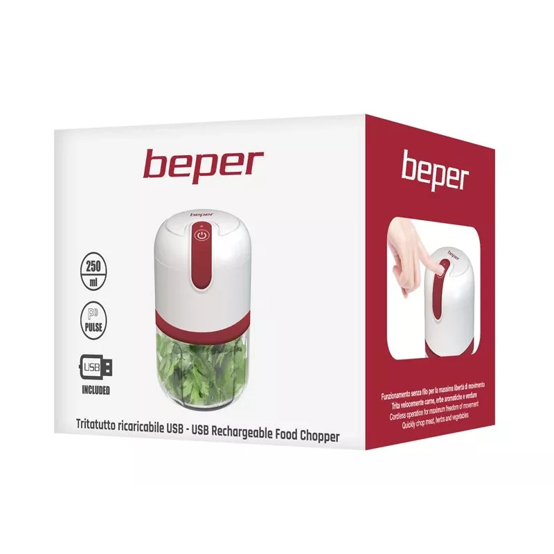 Beper P102ROB050 nabíjací sekáčik potravín cez USB, 0,25 L, 30 W, biely/červený