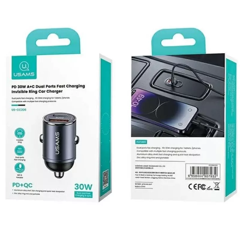 Auto nabíjačka usams C38 30W — 1x USB-A + 1x USB-C rýchle nabíjanie