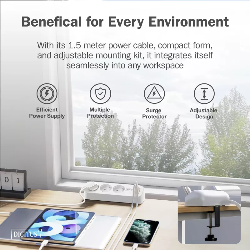 Predlžovacia zásuvka DIGITUS 3-násobná s 2×USB-A a 1×USB-C, 3 AC zásuvky typ E/F, 1,5 m kábel, biela
