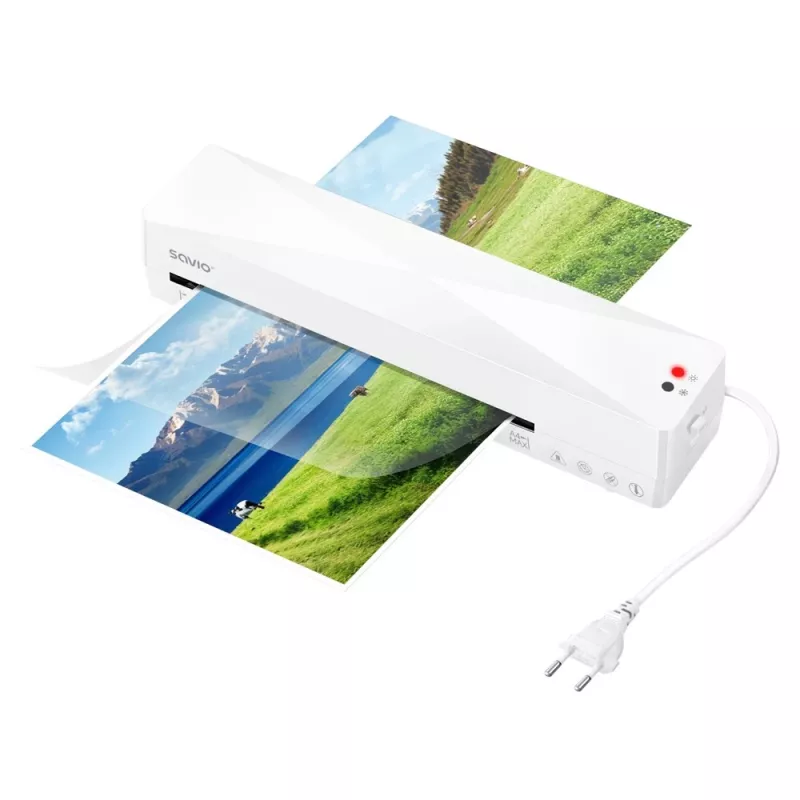Laminovačka na studenú/teplú lamináciu SAVIO LR-01/W — max. šírka 230 mm, 320 mm/min, 300 W, biela