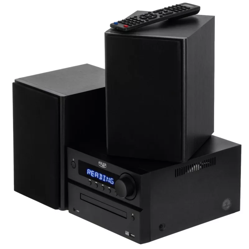 Mini Hi‑Fi stereo systém Adler AD 1917 — Bluetooth V5.3, CD/USB/MP3, 2×25 W RMS, FM tuner, 4‑pásmový ekvalizér, AUX, čierny