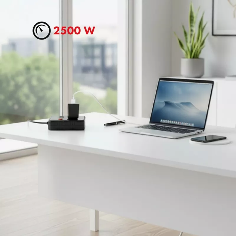 Predlžovací prívod Maclean MCE388 B, 2 zásuvky, 3x USB, 110-240 V, 2500 W, 3 m, čierny