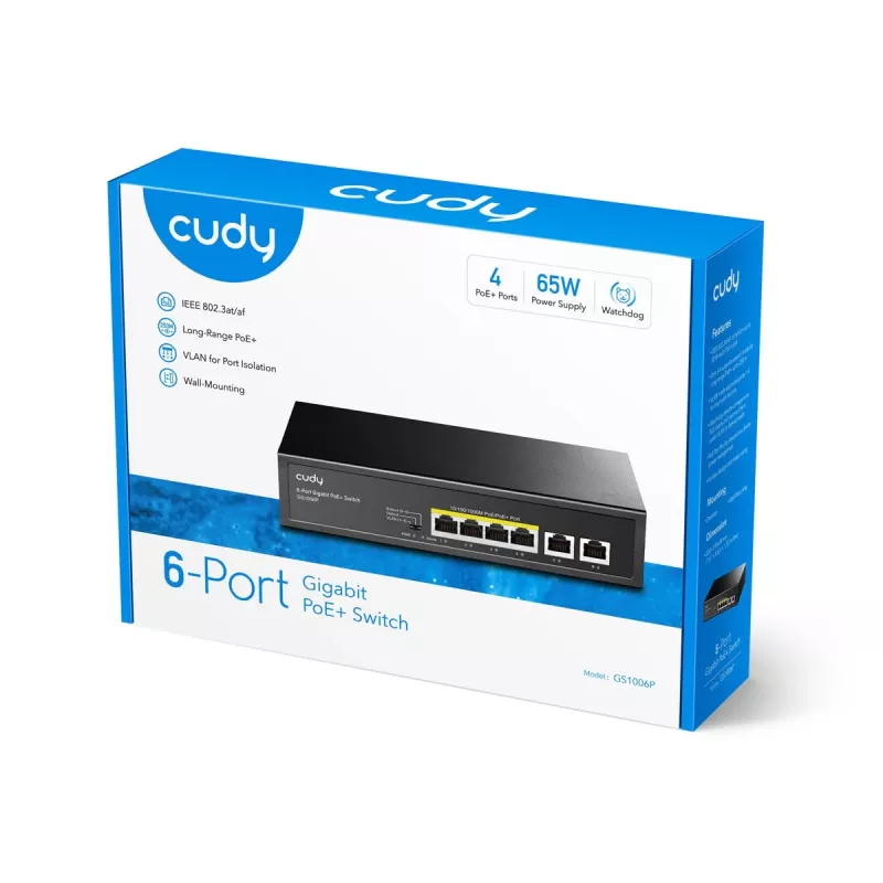 Sieťový switch Cudy GS1006P neřízený Gigabit Ethernet 6-port PoE, 12 Gbit/s, 2048 MAC, čierny
