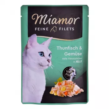 Mokré krmivo pre mačky Miamor Fine Fillets v želé 100 g — ryba s mrkvou, dospelé mačky, vrecko