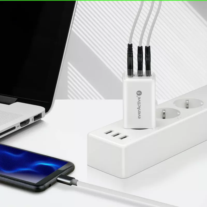 Napájacia nabíjačka everActive SQ-655Q 65W, 1×USB-A + 2×USB-C rýchle nabíjanie