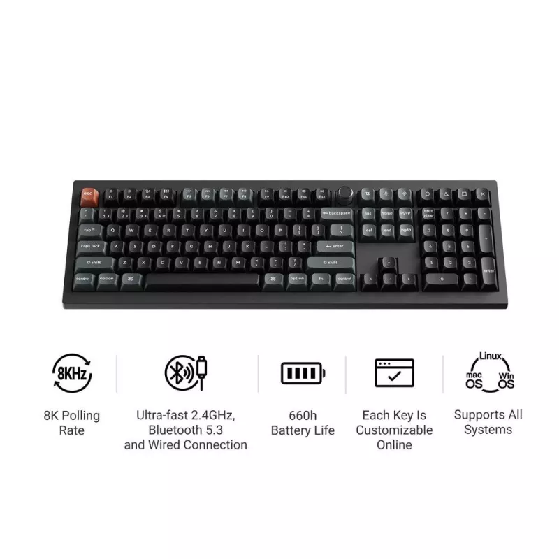 Mechanická Full-Size (100%) klávesnica Keychron V6 Ultra 8K — QWERTY, Bluetooth, RGB LED, čierna