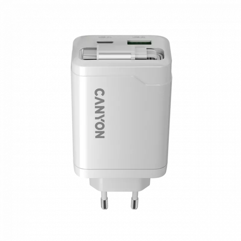 CANYON nabíjačka OnCharge 65RC s integrovaným USB-C káblom 65W, 1x PD, 1x QC, EU zástrčka, biela