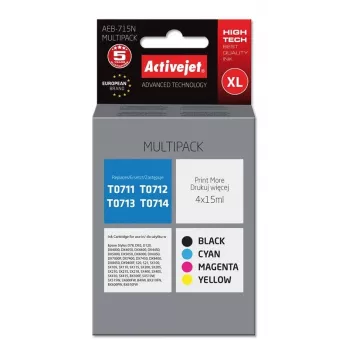 Kompatibilné multipackové tintové kazety ActiveJet AEB-715N — čierna (pigmentová) 15 ml + azúrová, purpurová, žltá 15 ml (XL)