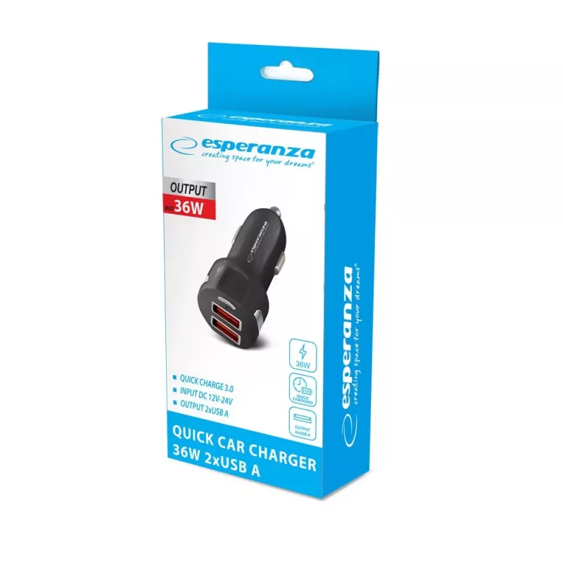 Esperanza EZ110 (EZC110K) autonabíjačka, 36 W, 2x USB-A po 18 W, čierna