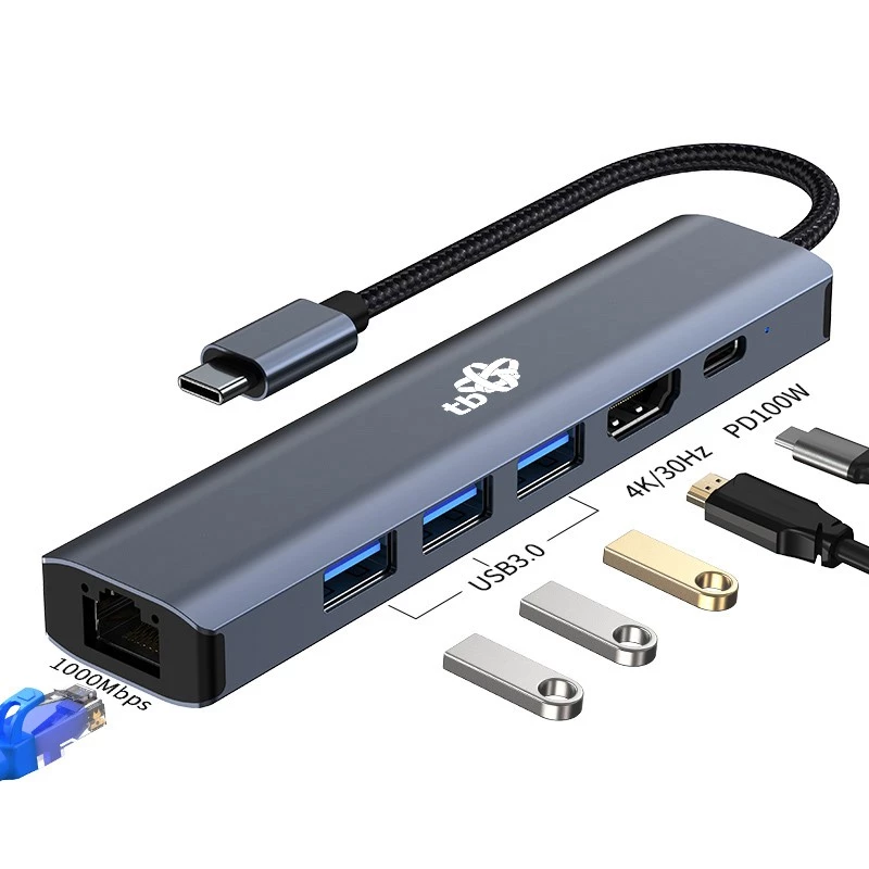 Adaptér HUB USB C 6in1 - HDMI, USBx3, PD, RJ-45