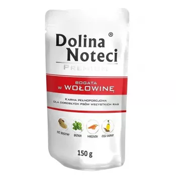 Mokré krmivo pre psov Dolina Noteci Beef Adult 150 g — 77% vlhkosť, 12% bielkoviny, 6,5% tuk