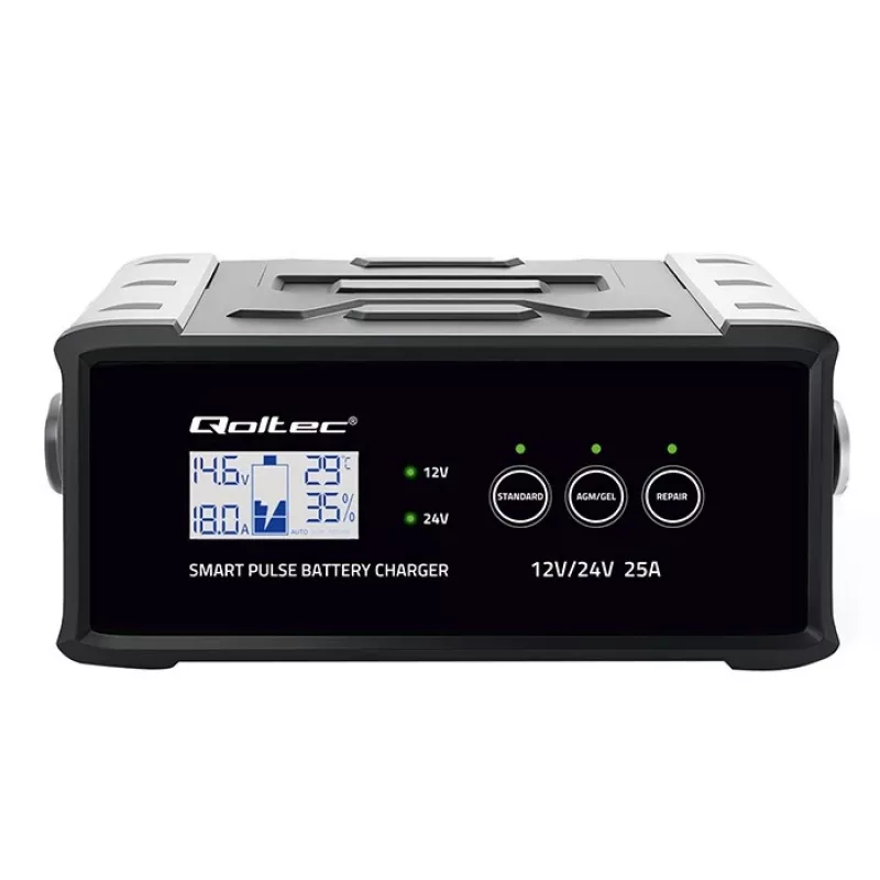 Nabíjačka batérií QOLTEC 52514 — 12V/24V, 25A, pre AGM/GEL/SLA batérie s LCD displejom