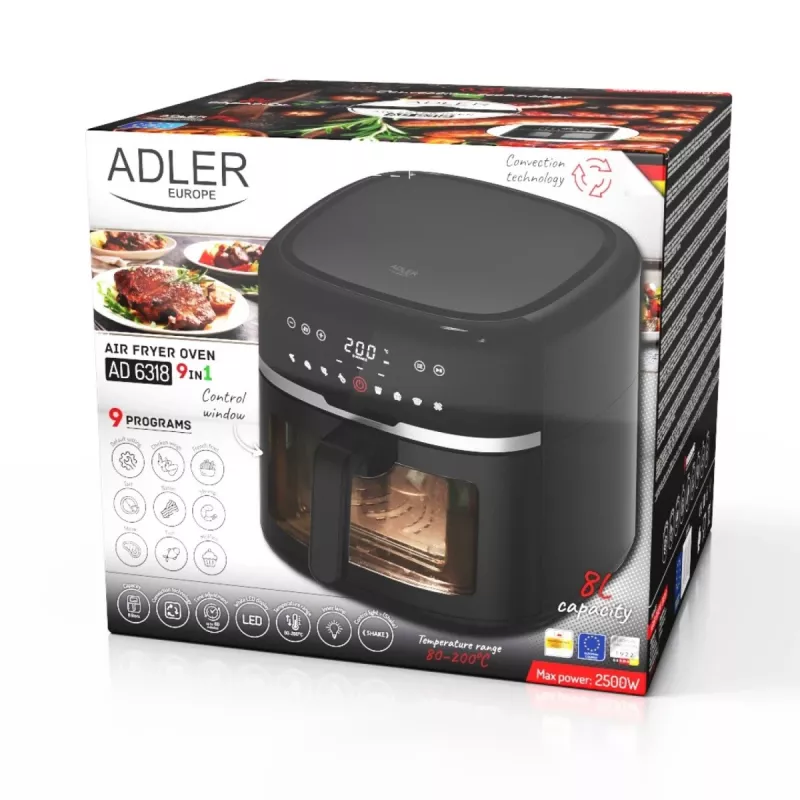 Adler AD 6318 teplovzdušná fritéza, 8 l, 2500 W, LCD displej, 9 programov, čierna