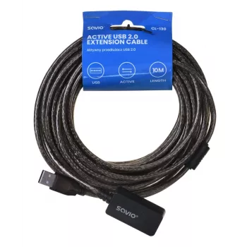 Aktívny USB predlžovací kábel SAVIO CL-130 10 m USB 2.0 A konektor samec–konektor samica, 5 V, čierny