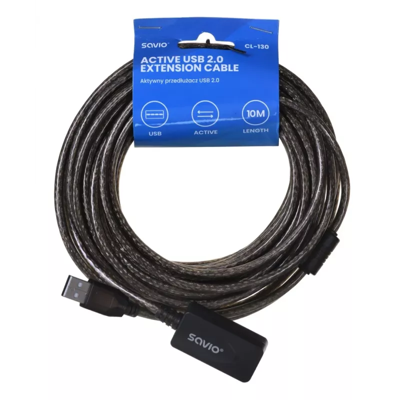 Aktívny USB predlžovací kábel SAVIO CL-130 10 m USB 2.0 A konektor samec–konektor samica, 5 V, čierny