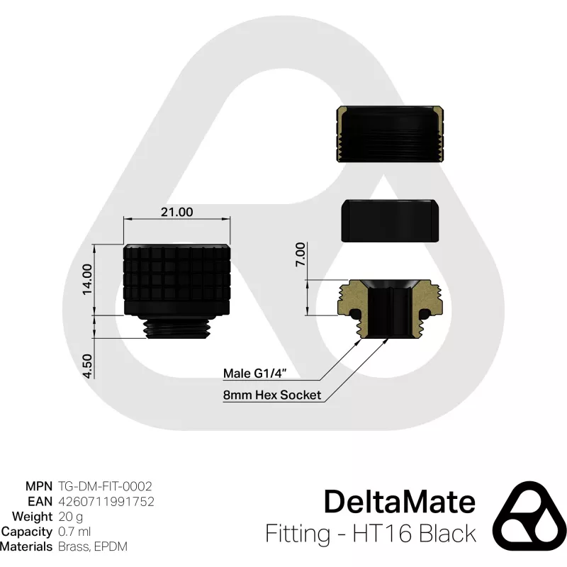 Thermal Grizzly DeltaMate HT16 Fitting vodného chladenia, Čierny