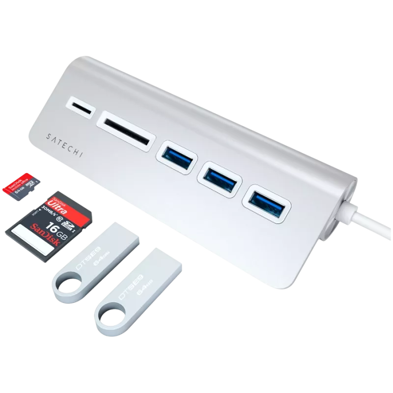 Satechi Type-C hliníkový USB hub a čítačka kariet, strieborný, ST-TCHCRS