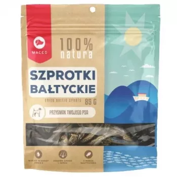 Psie maškrty MACED šproty 85 g — rybia maškrta pre dospelé psy, bielkoviny 49 % tuk 38 %, bez konzervačných látok a lepku
