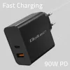 Qoltec 52381 Super Quick PD nabíjačka | 1xUSB-C | 1xUSB | 90W | 5-20V | 2,4-4,35A | čierna