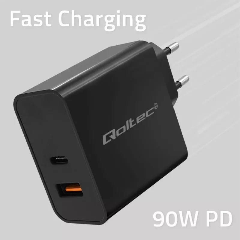 Qoltec 52381 Super Quick PD nabíjačka | 1xUSB-C | 1xUSB | 90W | 5-20V | 2,4-4,35A | čierna