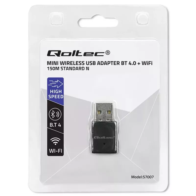 Kompaktný bezdrôtový mini USB Wi-Fi adaptér QOLTEC 57007 – Single-Band 2,4 GHz, až do 150 Mbit/s, interná anténa